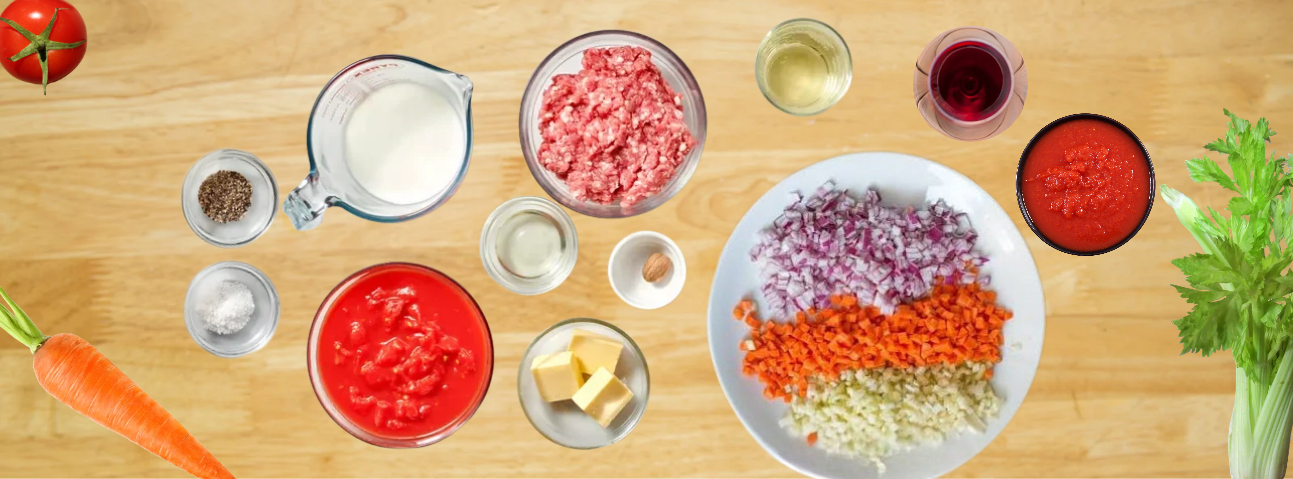 Bolognese sauce ingredients — ground beef, onion, carrot, celery, tomato, wine, and milk