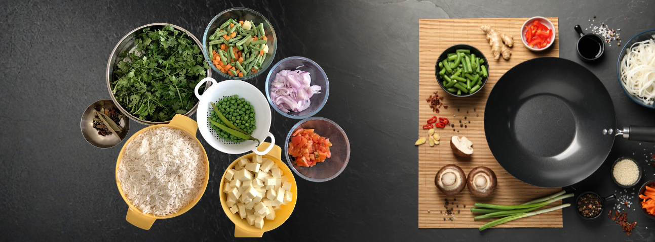 All stir-fry ingredients prepped in bowls around a wok