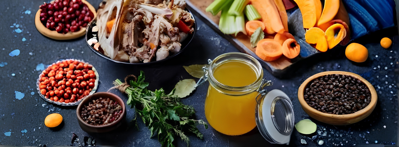 Bowl of golden homemade chicken stock