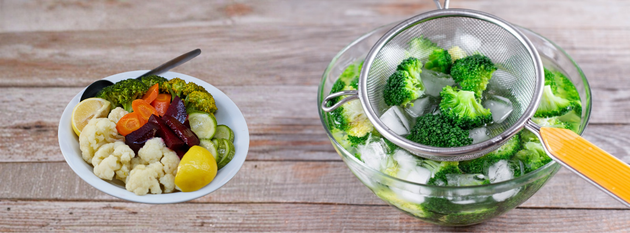 Bowl of ice water with blanched vegetables