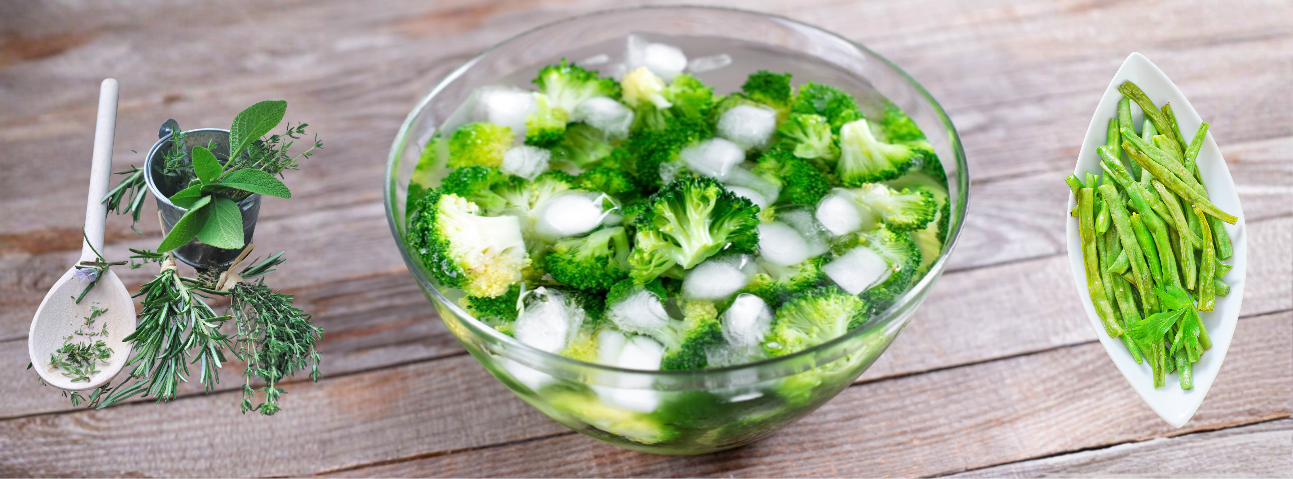 Bright blanched green beans on a plate with ice water bowl .png