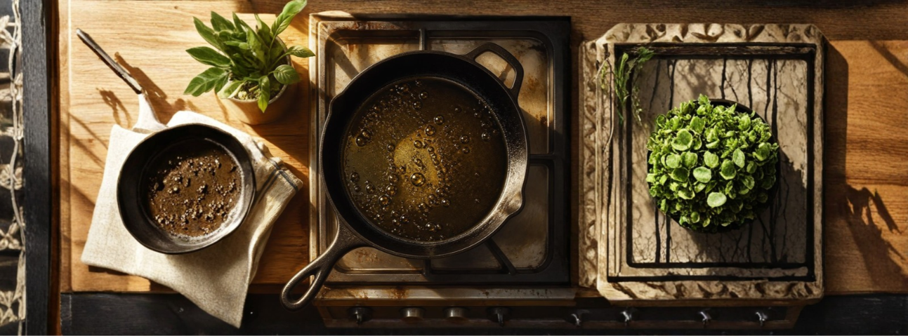 Cast iron pan preheated with simmering oil