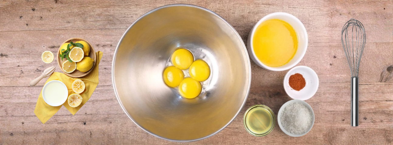 Hollandaise sauce ingredients — egg yolks, lemon juice, melted butter, salt, and cayenne