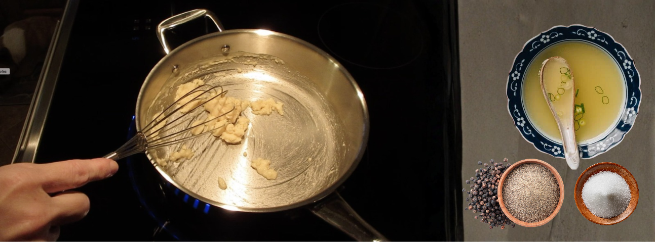 Pale blonde roux in a saucepan being whisked