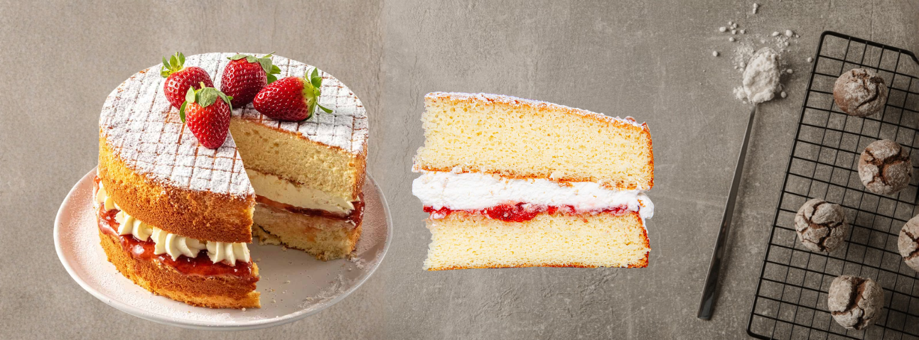 Sliced layer cake showing sponge, cream filling, and streusel topping