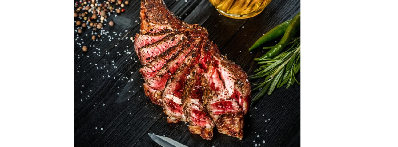 Sliced steak with dark golden-brown crust