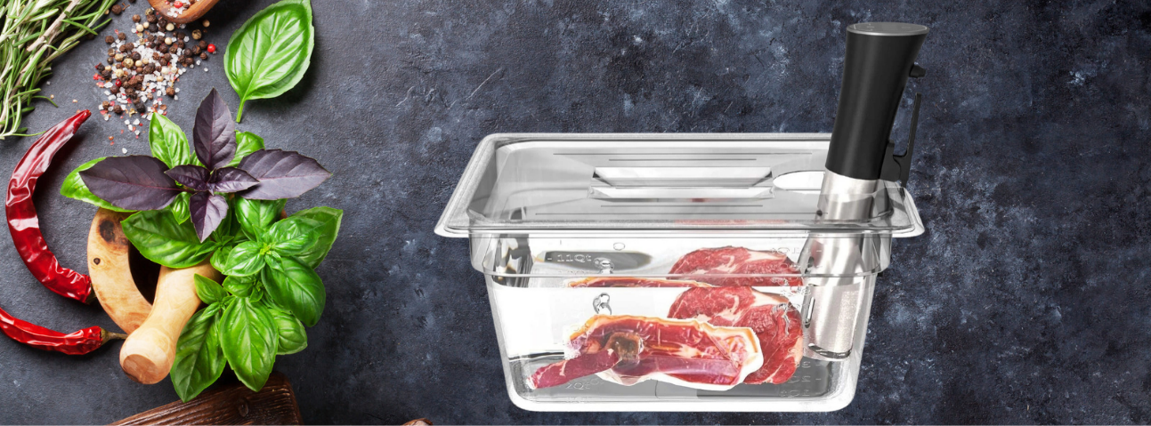 Steak cooking sous vide in a water bath with a precision immersion circulator