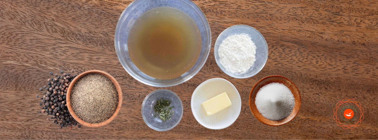 Velouté sauce ingredients — butter, flour, stock, salt, pepper, and fresh thyme